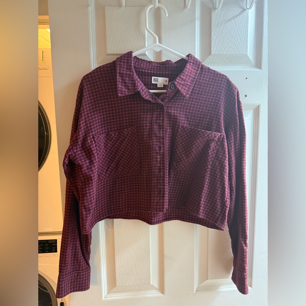 Red Plaid Cropped Button-Up Shirt